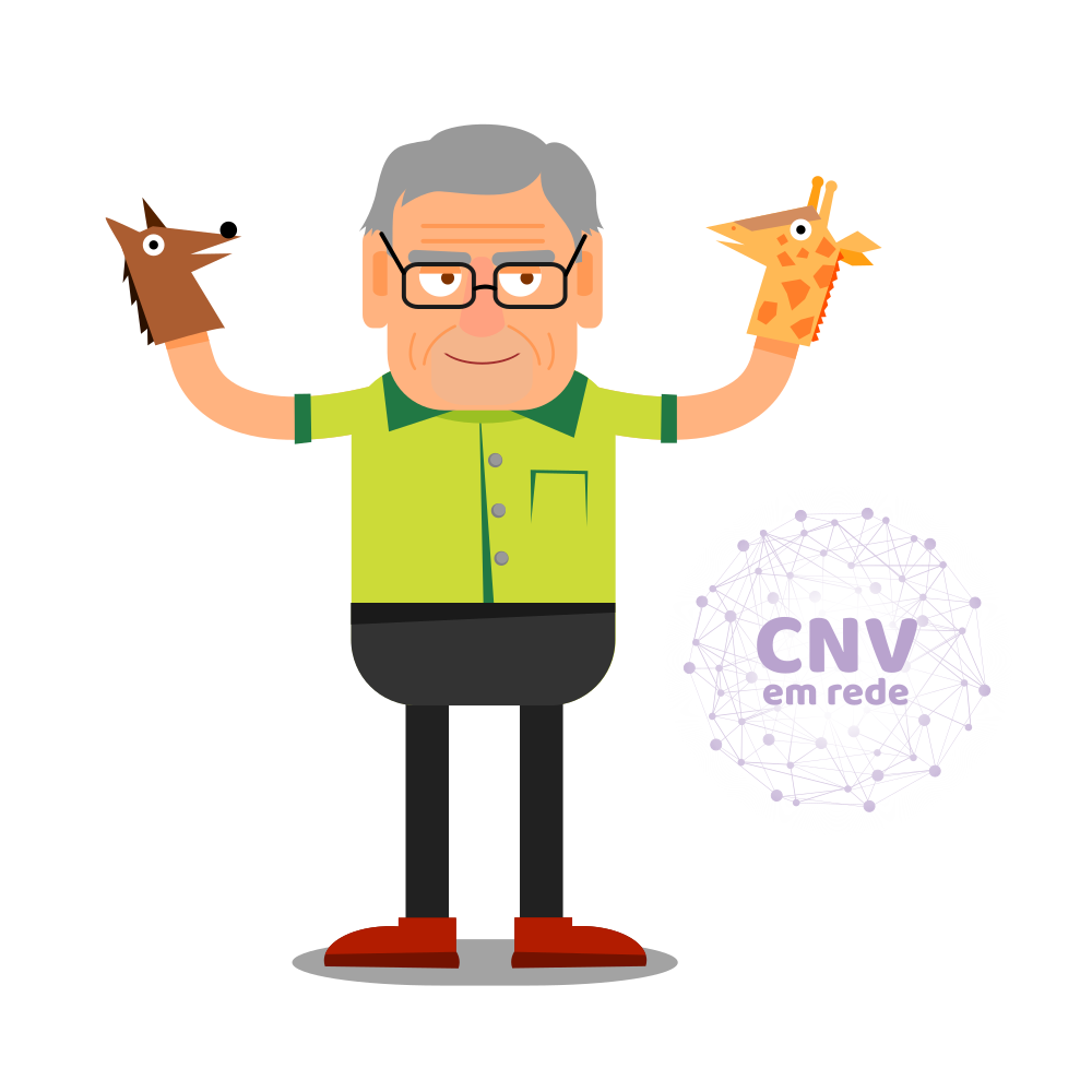 Ilustração de Marshall Rosenberg com os bonecos girafa e chacal — símbolos da Comunicação Não Violenta
